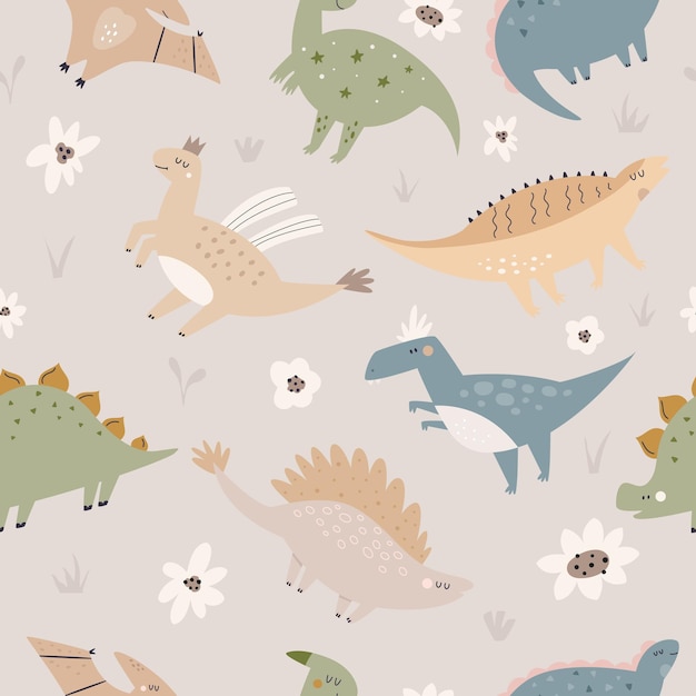 Patrón sin costuras dibujado a mano con dinosaurios lindos y divertidos