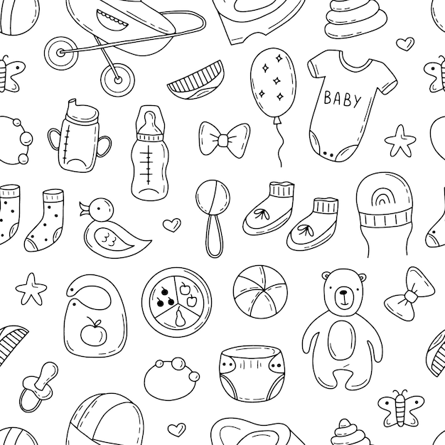 Patrón sin costuras dibujado a mano de elementos de ducha de bebé bola de juguete calcetín de botella de leche estilo boceto de Doodle Elemento de bebé dibujado con pluma digital Ilustración vectorial para papel tapiz diseño textil de fondo