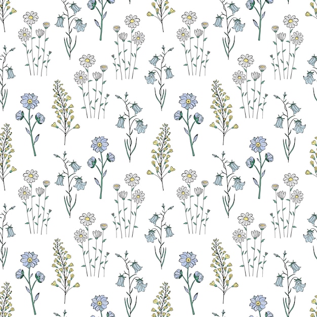 Patrón sin costuras dibujado a mano de flores silvestres en flor campanas de Canterbury manzanilla Colección floral sobre un fondo verde Ilustración decorativa de verano para tarjetas de felicitación papel tapiz papel de envolver