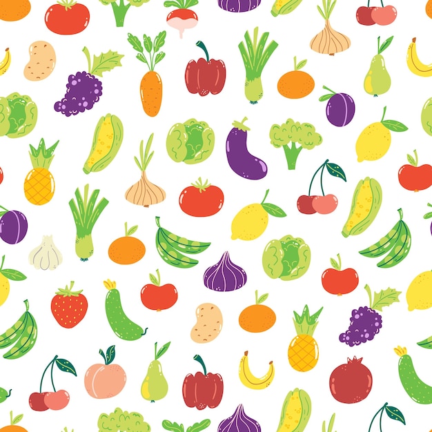 Vector patrón sin costuras dibujado a mano con frutas y verduras bonitas sobre fondo blanco papel tapiz colorido