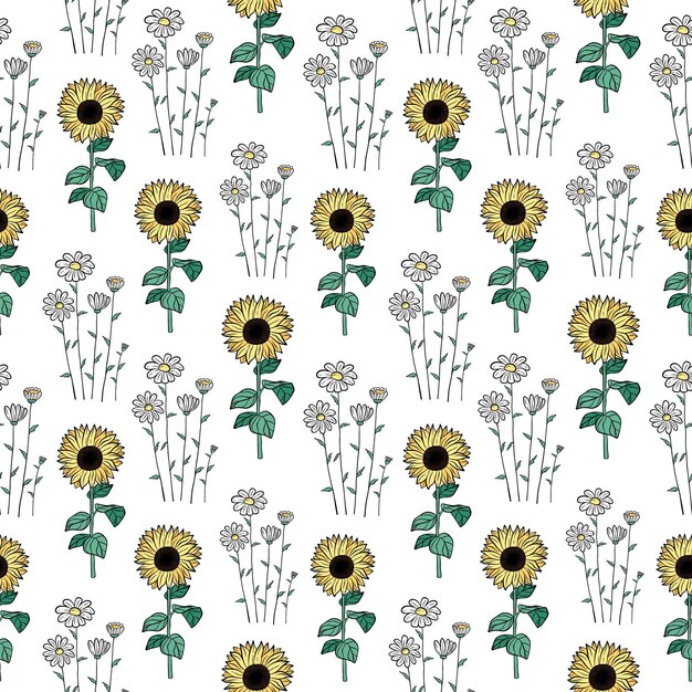 Patrón sin costuras dibujado a mano de girasol de manzanilla en flor Contorno de la colección de flores de verano sobre fondo blanco Ilustración de garabateo floral decorativo para tarjetas de felicitación papel tapiz papel de envolver