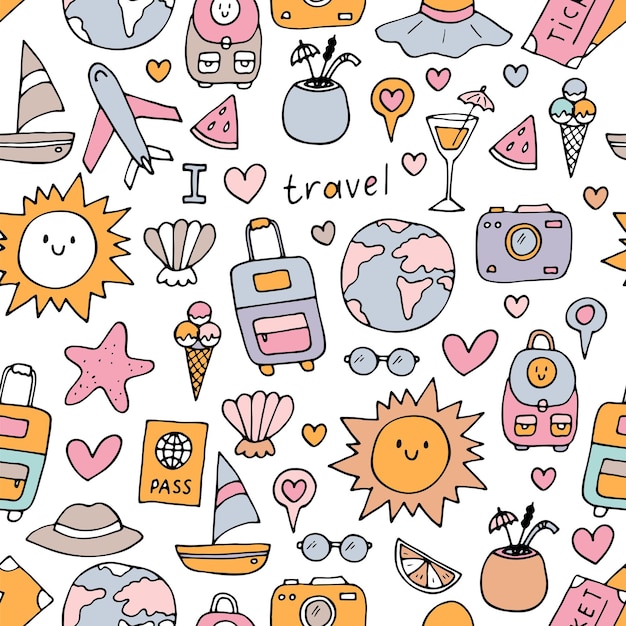 Patrón sin costuras dibujado a mano con iconos de viajes Vacaciones de verano Esbozo de Doodle Vacaciones en viaje
