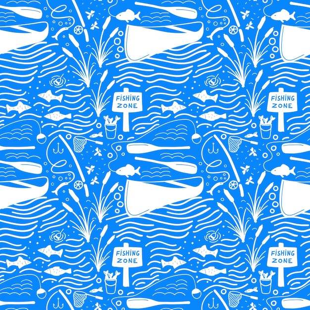 Patrón sin costuras dibujado a mano con ilustración de gearVector de pesca en estilo garabatos sobre fondo azul