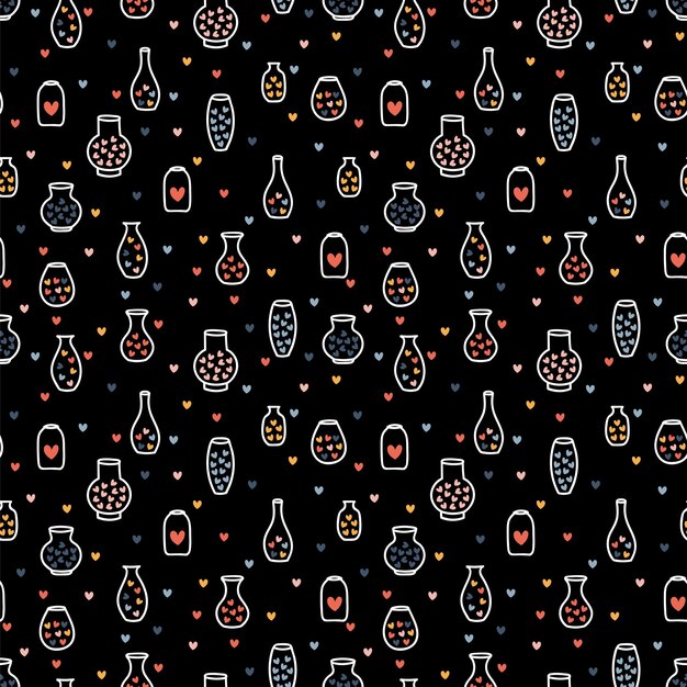 Patrón sin costuras dibujado a mano con jarrones y corazones diseño escandinavo botellas ollas estilo boceto