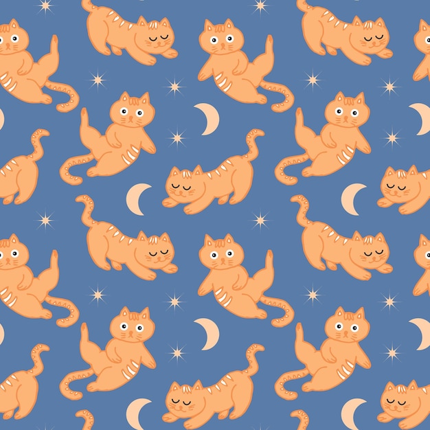 Patrón sin costuras dibujado a mano lindos gatitos de jengibre luna y estrellas sobre un fondo azul
