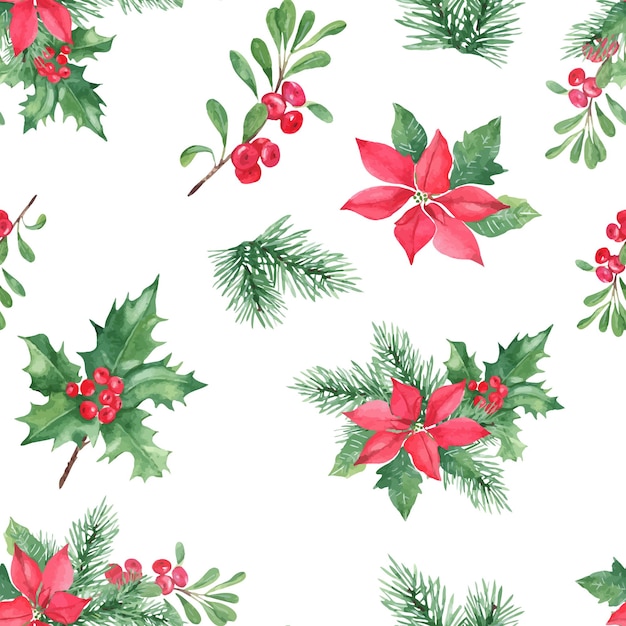 Patrón sin costuras dibujado a mano de Navidad con plantas de invierno ramas de pino de bosque de acebo con bayas rojas