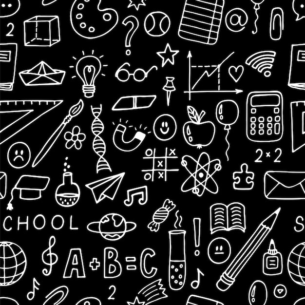 Patrón sin costuras dibujado a mano con objetos y símbolos escolares De vuelta al fondo escolar Elementos esbozados
