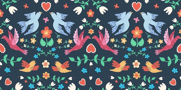 patrón sin costuras dibujado a mano con pájaros y flores perfecto para el diseño romántico
