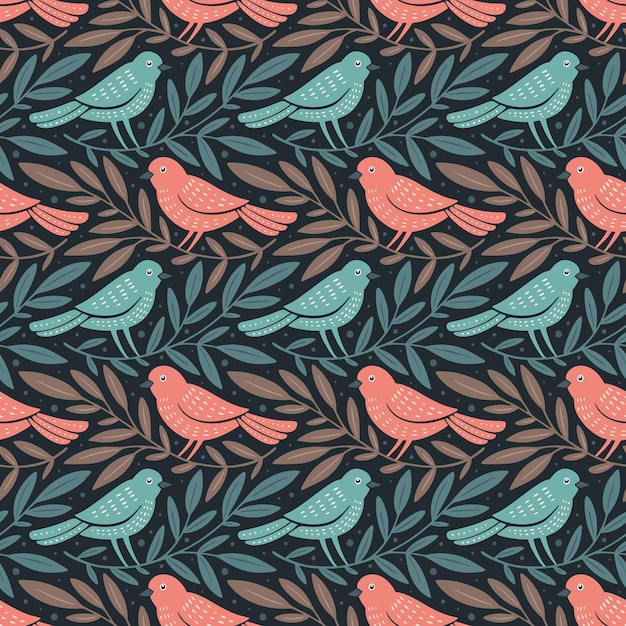 Vector patrón sin costuras dibujado a mano con pájaros y ramas decorativas patrón sin costuras de bosque floral de la naturaleza