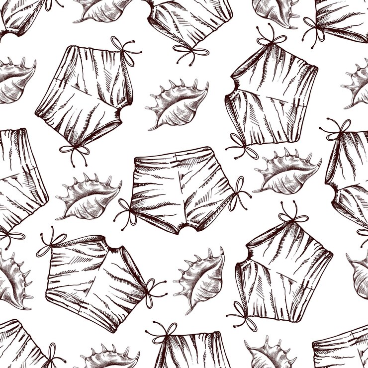 Vector patrón sin costuras dibujado a mano con pantalones cortos de verano y conchas marinas en estilo vintage