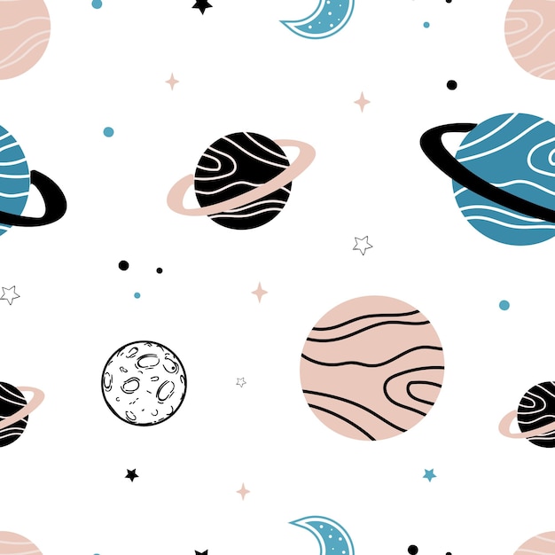 Patrón sin costuras dibujado a mano con planetas Fondo espacial dibujado a mano Ilustración vectorial Galaxia p
