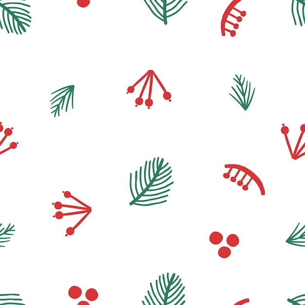 Patrón sin costuras dibujado a mano con ramas y bayas del árbol de Navidad