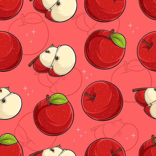 Patrón sin costuras dibujado a mano de sabrosas manzanas rojas ricas en vitaminas en rodajas y cortadas.