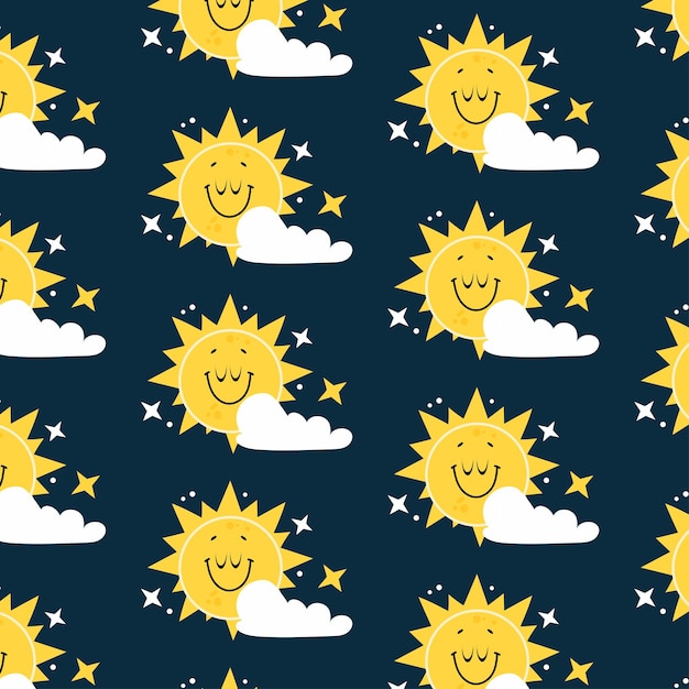 Patrón sin costuras dibujado a mano con sol sonriente y nubes diseño vectorial lindo