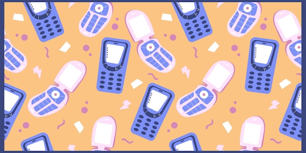 Patrón sin costuras dibujado a mano con teléfonos móviles retro diseño vectorial colorido