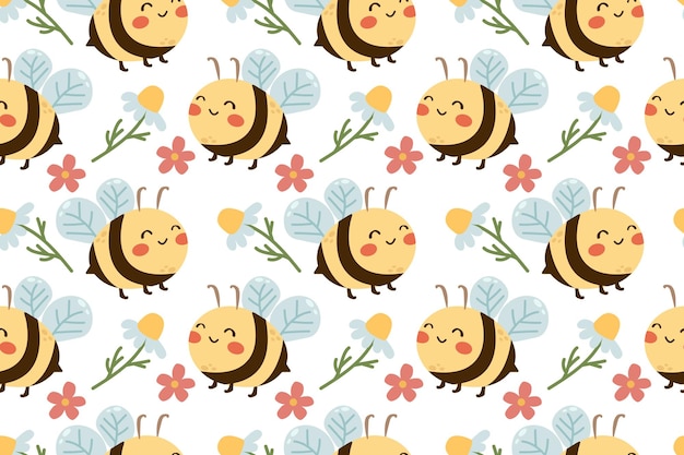 Patrón sin costuras con dibujos animados de abejas y pequeñas flores en ilustración vectorial de fondo blanco