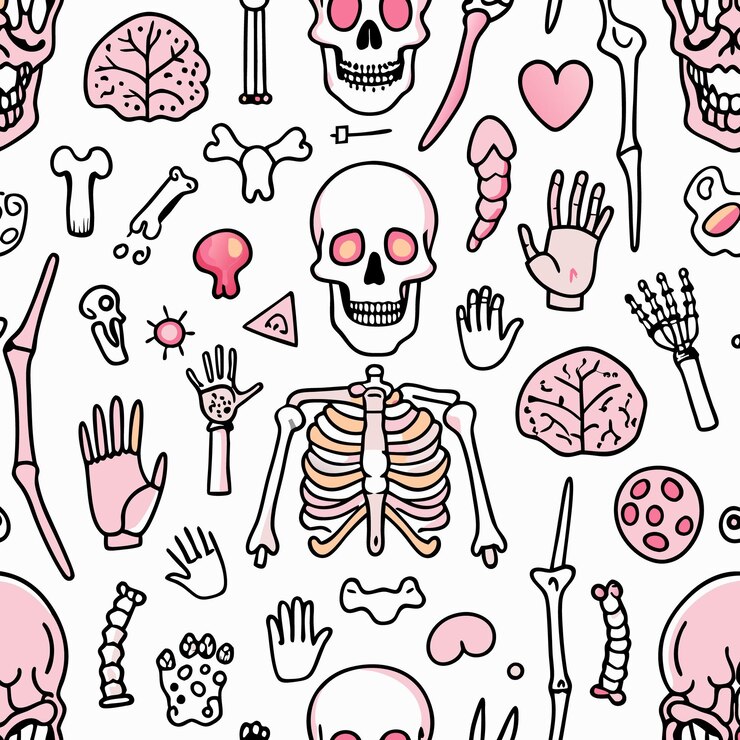 Vector patrón sin costuras de dibujos animados de anatomía humana rosada en fondo blanco
