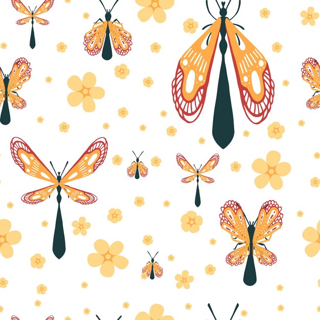 Patrón sin costuras de dibujos animados colección de escarabajos simples insectos de colores ilustración vectorial plana sobre fondo blanco con flores