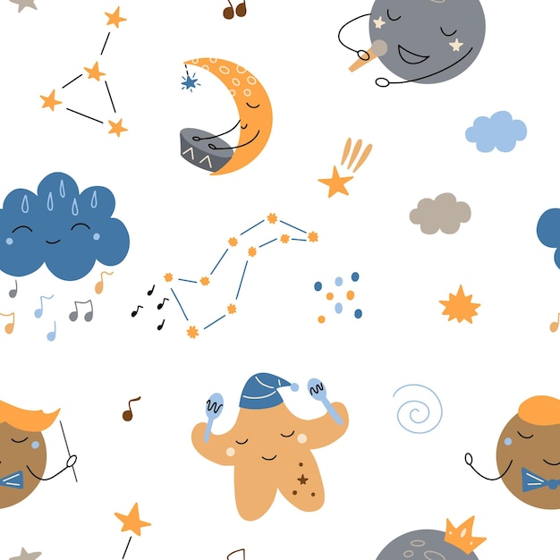 Patrón sin costuras con dibujos animados cuerpos celestes luna planeta nube estrella Música elementos temáticos para niños Ilustración vectorial aislado sobre fondo blanco para decoración de carteles de diseño textil