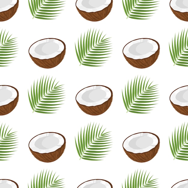 Patrón sin costuras con dibujos animados detallados medio coco exótico marrón y hoja verde