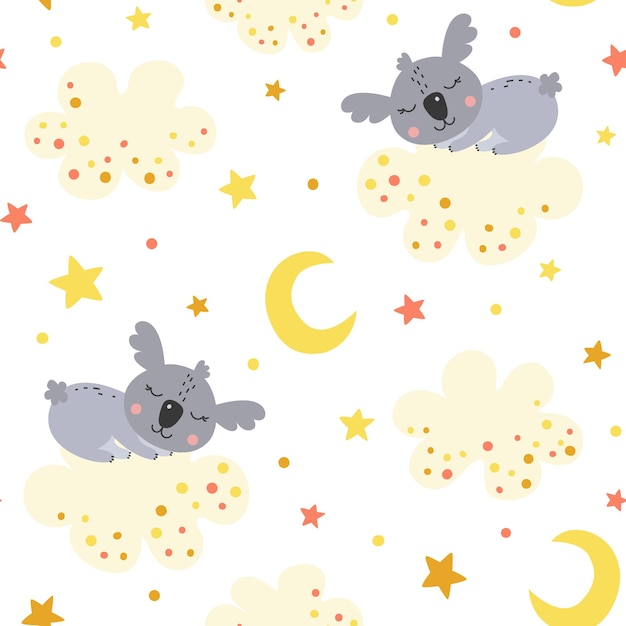 Patrón sin costuras con dibujos animados durmiendo lindo koala en una nube