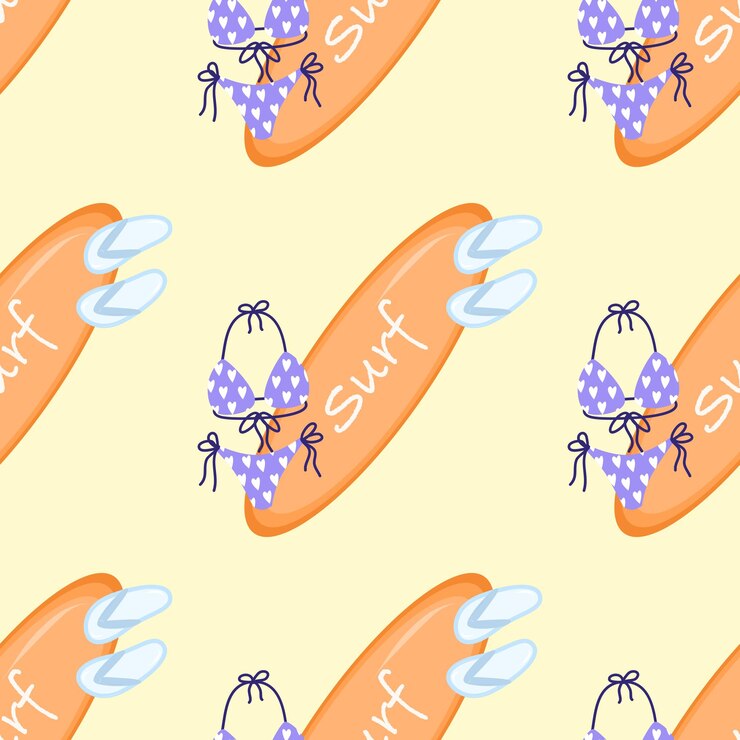 Vector patrón sin costuras de dibujos animados elementos de verano viajes playa accesorio de verano surf mesa traje de baño y
