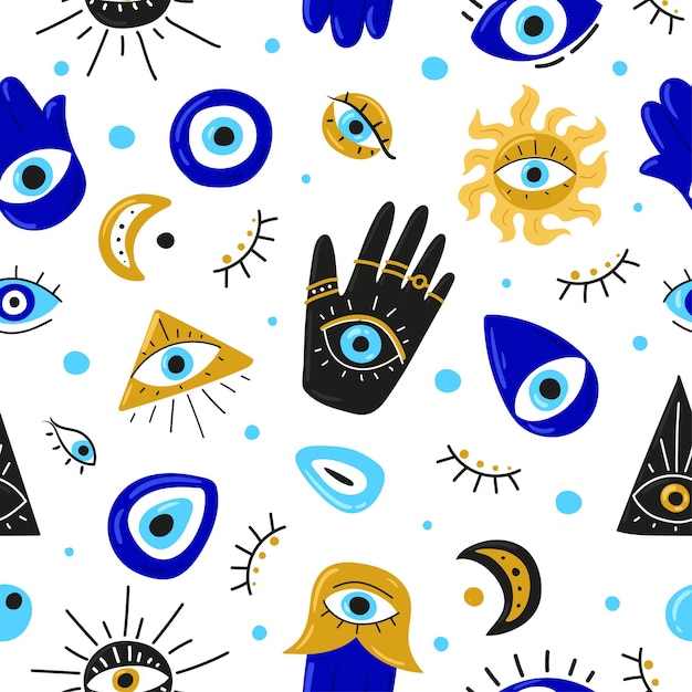 Patrón sin costuras con dibujos animados mal de ojo mal de ojo azul ilustraciones vectoriales de amuletos para imprimir | Vector Premium Patrón sin costuras con dibujos animados mal de ojo mal de ojo azul ilustraciones vectoriales de amuletos para imprimir | Vector Premium
