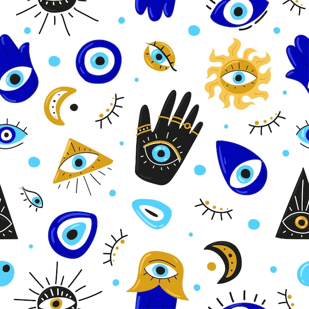 Patrón sin costuras con dibujos animados Mal de ojo Mal de ojo azul Ilustraciones vectoriales de amuletos para imprimir