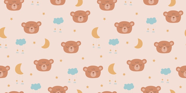 Patrón sin costuras con dibujos animados oso durmiente cabezas de peluche nubes luna al estilo escandinavo