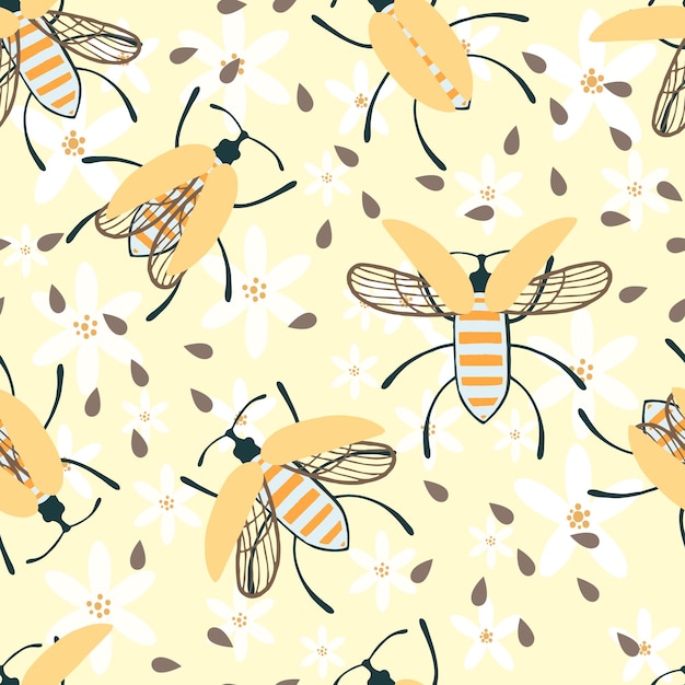 Patrón sin costuras de dibujos animados simple colección de escarabajos insectos de colores ilustración vectorial plana sobre fondo amarillo