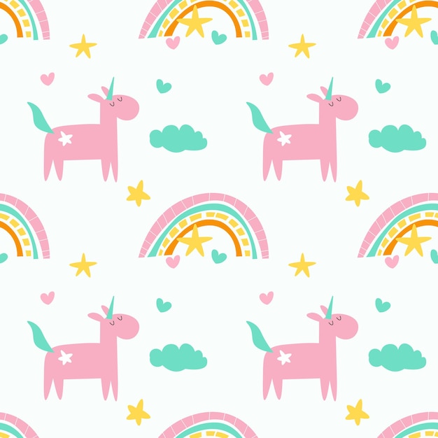 Patrón sin costuras con dibujos animados unicornios arco iris nubes elementos de decoración sobre un fondo neutro Estilo plano de vector colorido para niños Animales dibujo a mano diseño de bebé para impresión de tela EPS