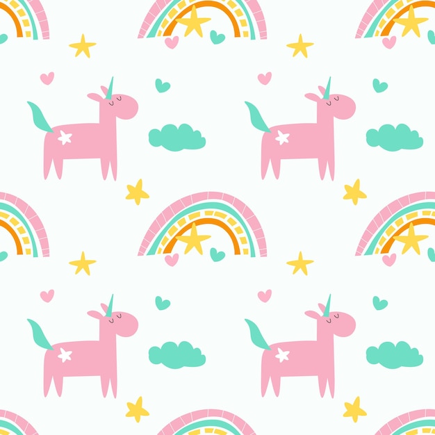 Patrón sin costuras con dibujos animados unicornios arco iris nubes elementos de decoración sobre un fondo neutro estilo plano de vector colorido para niños animales dibujo a mano diseño de bebé para impresión de tela eps