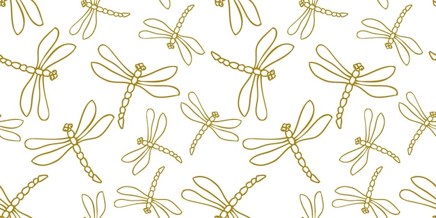 Patrón sin costuras de dibujos de contorno libélulas voladoras fondo vectorial papel tela envoltura textil