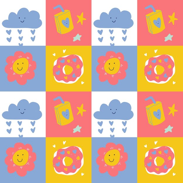 patrón sin costuras con dibujos lindos de nubes flores rosquillas y jugo en fondos cuadrados multicolores estilo lúdico y infantil perfecto para textiles y envases