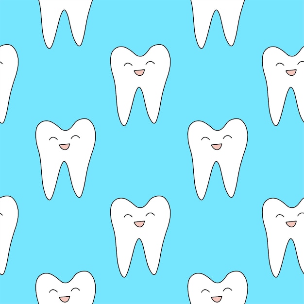 Patrón sin costuras de diente sonriente Fondo azul Concepto para gabinete médico odontología publicidad Diseño impreso en redes sociales anuncio textil papel tapiz tarjeta de visita papel de regalo póster