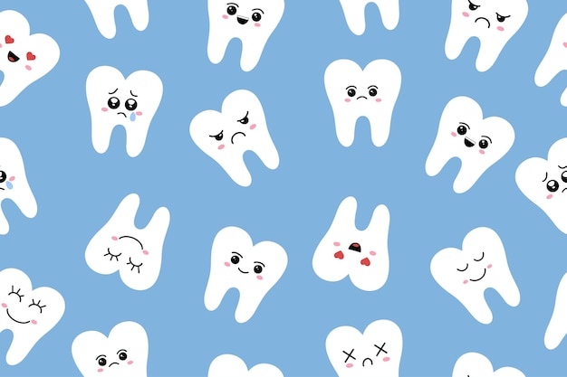 Patrón sin costuras con dientes lindos Fondo lindo dental Ilustración para un dentista pediátrico Oficina de odontología pediátrica Ilustración vectorial