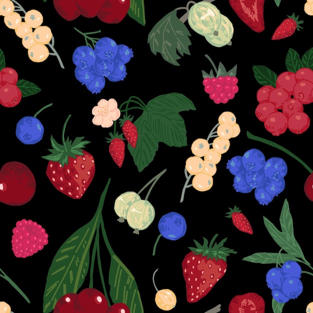 Patrón sin costuras de diferentes bayas adorno de bayas de frutas de verano ilustración de vector plano de dibujos animados diseño abstracto fresco