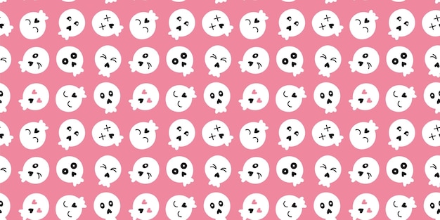 Patrón sin costuras con diferentes calaveras de emoticonos blancos sobre fondo rojo para halloween en estilo plano