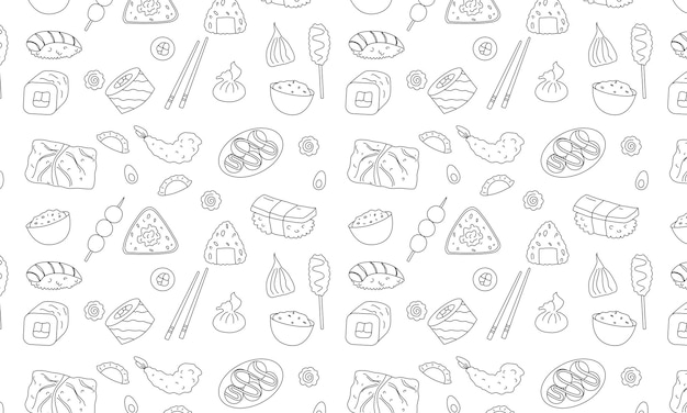 patrón sin costuras con diferentes comidas asiáticas Ramen sushi maki y pescado