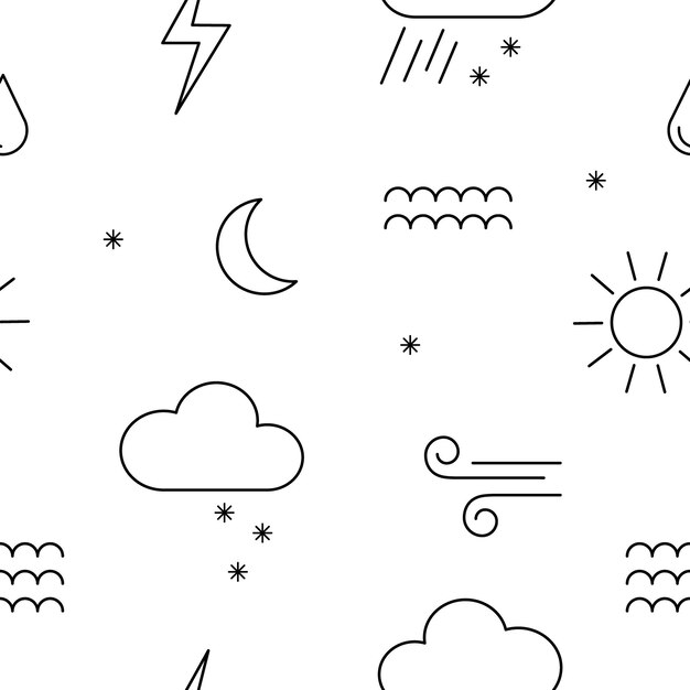 Patrón sin costuras con diferentes elementos climáticos Fondo vectorial con nubes luna viento lluvia nieve y sol Perfecto para ropa de pancarta decoración de la habitación de los niños