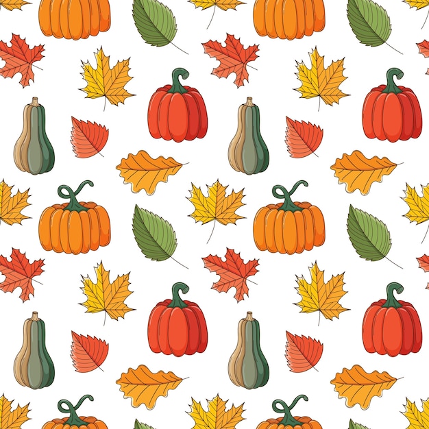 Patrón sin costuras con diferentes hojas de otoño y calabazas Cosecha de otoño Fondo de Acción de Gracias con elementos de garabatos de colores Patrón de vector colorido brillante aislado en un fondo blanco