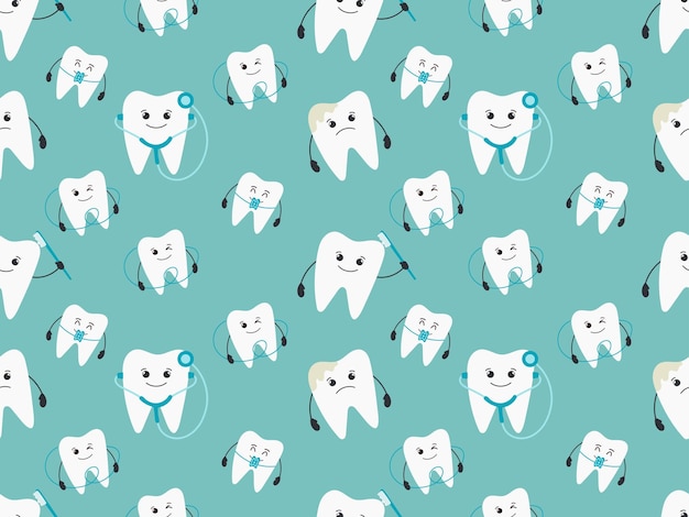 Patrón sin costuras con diferentes personajes de dientes de dibujos animados con aparatos ortopédicos hilo dental
