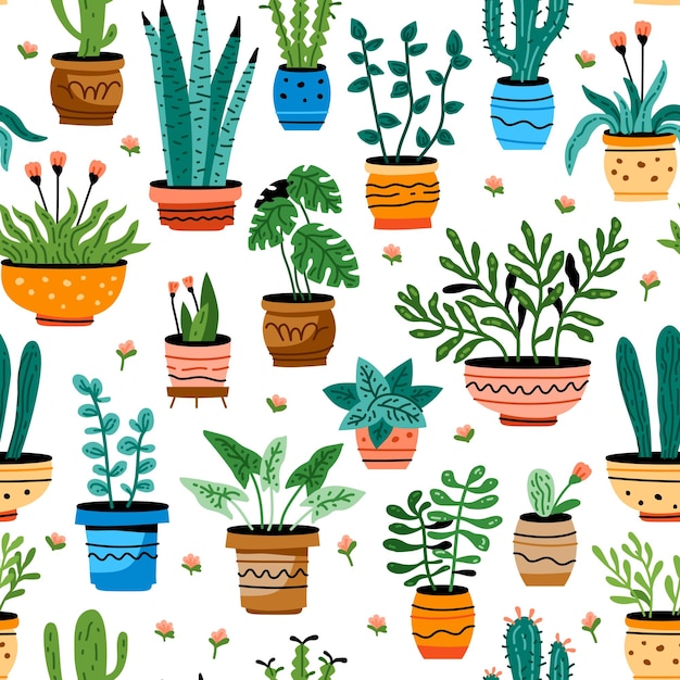 Patrón sin costuras de diferentes plantas de interior en coloridas ollas de cerámica hechas a mano