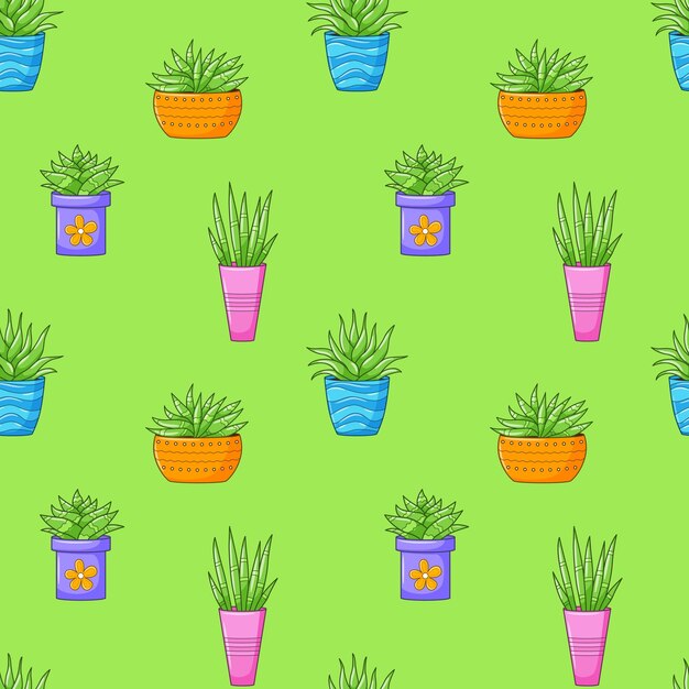 Patrón sin costuras con diferentes plantas suculentas de cactus en maceta brillante Fondo de dibujo a mano de cactus de dibujos animados con plantas de interior Ilustración vectorial sobre fondo verde