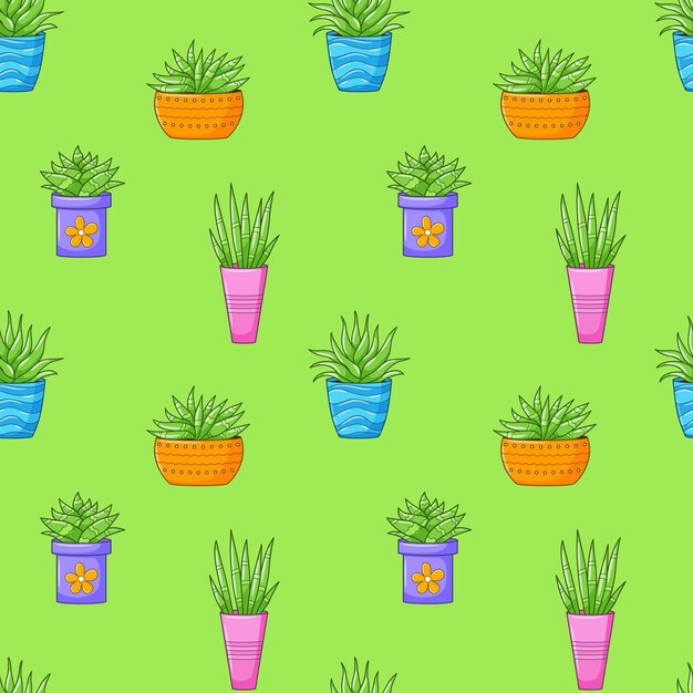 Patrón sin costuras con diferentes plantas suculentas de cactus en maceta brillante Fondo de dibujo a mano de cactus de dibujos animados con plantas de interior Ilustración vectorial sobre fondo verde