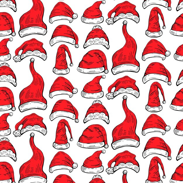 Patrón sin costuras con diferentes sombreros de Navidad. Gorro rojo de Papá Noel para impresión textil o papel de regalo.