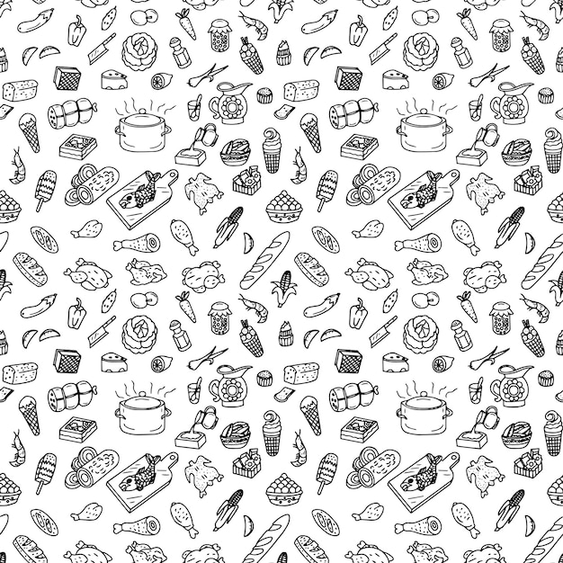 un patrón sin costuras de diferentes tipos de alimentos sobre un fondo blanco