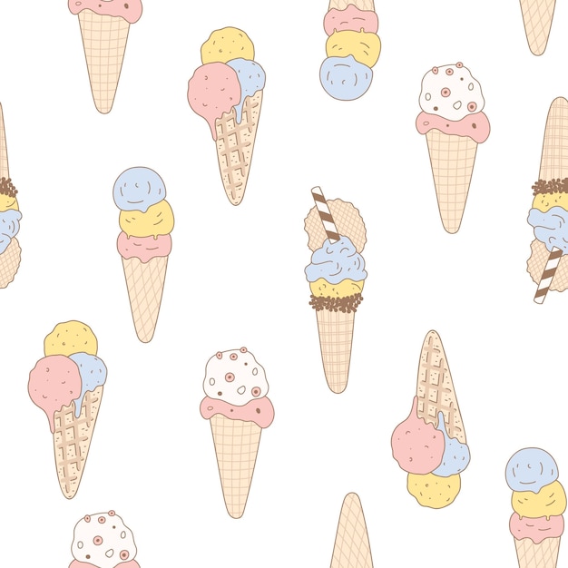 Patrón sin costuras con diferentes tipos de helados en estilo retro Diseño de alimentos dibujado a mano para tela