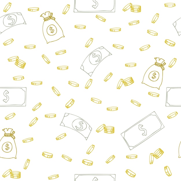 Patrón sin costuras con dinero Monedas dibujadas a mano Billetes de dólar y bolsas de dinero