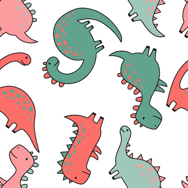 Patrón sin costuras con dinosaurio lindo en estilo incompleto de contorno Dino de dibujos animados divertido Doodle de vector dibujado a mano para niños